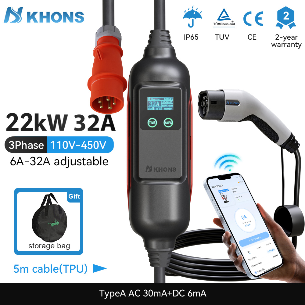 Ev Charger Type 2 22Kw 32A 3 Phase - Khons portátil ev carregador type2 32a